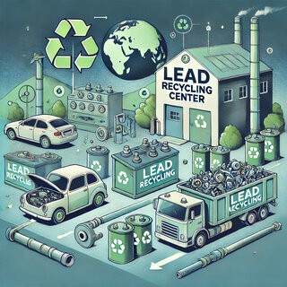 Illustration of lead recycling with car batteries, pipes, and electrical components near a recycling plant.