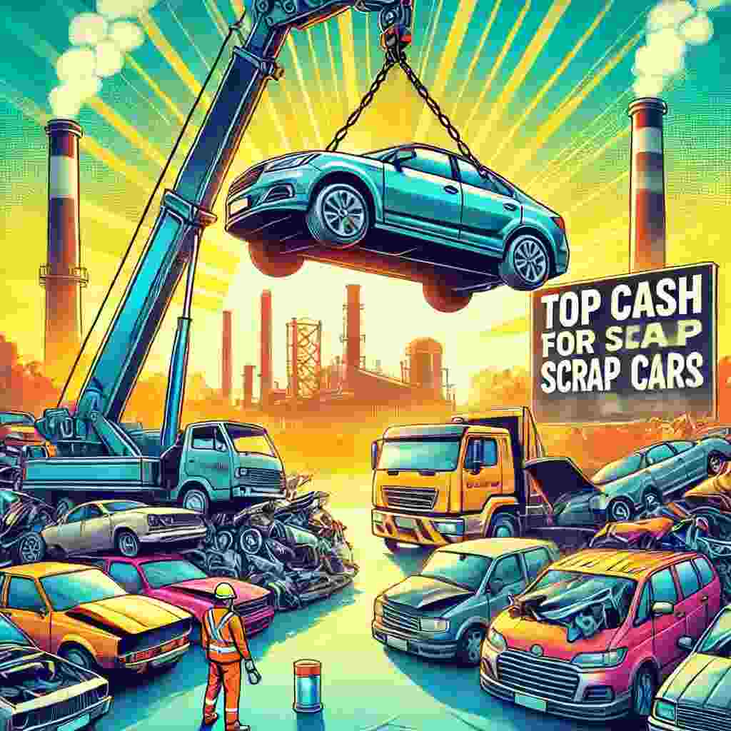 Vivid illustration of a crane lifting a scrap car in an auto recycling yard, highlighting top cash offers for scrap cars.