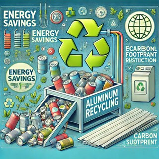 Recycling aluminum cans, siding, and appliances with symbols for energy savings and sustainability.