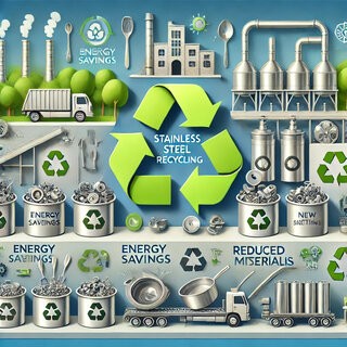 Stainless steel recycling process with kitchenware, machinery, and construction materials, highlighting energy savings and sustainability