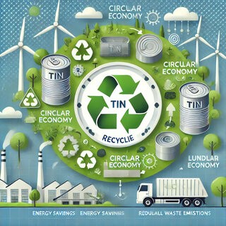 Visual of tin recycling with tin cans, packaging materials, and tin-plated steel in a circular economy, highlighting environmental benefits like energy savings