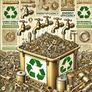 Illustration of brass recycling with faucets, plumbing fixtures, and hardware, highlighting energy efficiency, sustainability, and waste reduction.