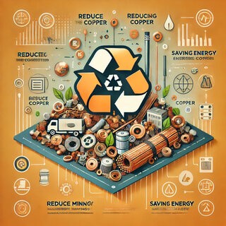 Copper recycling illustration with scrap wires, pipes, and sustainability icons.