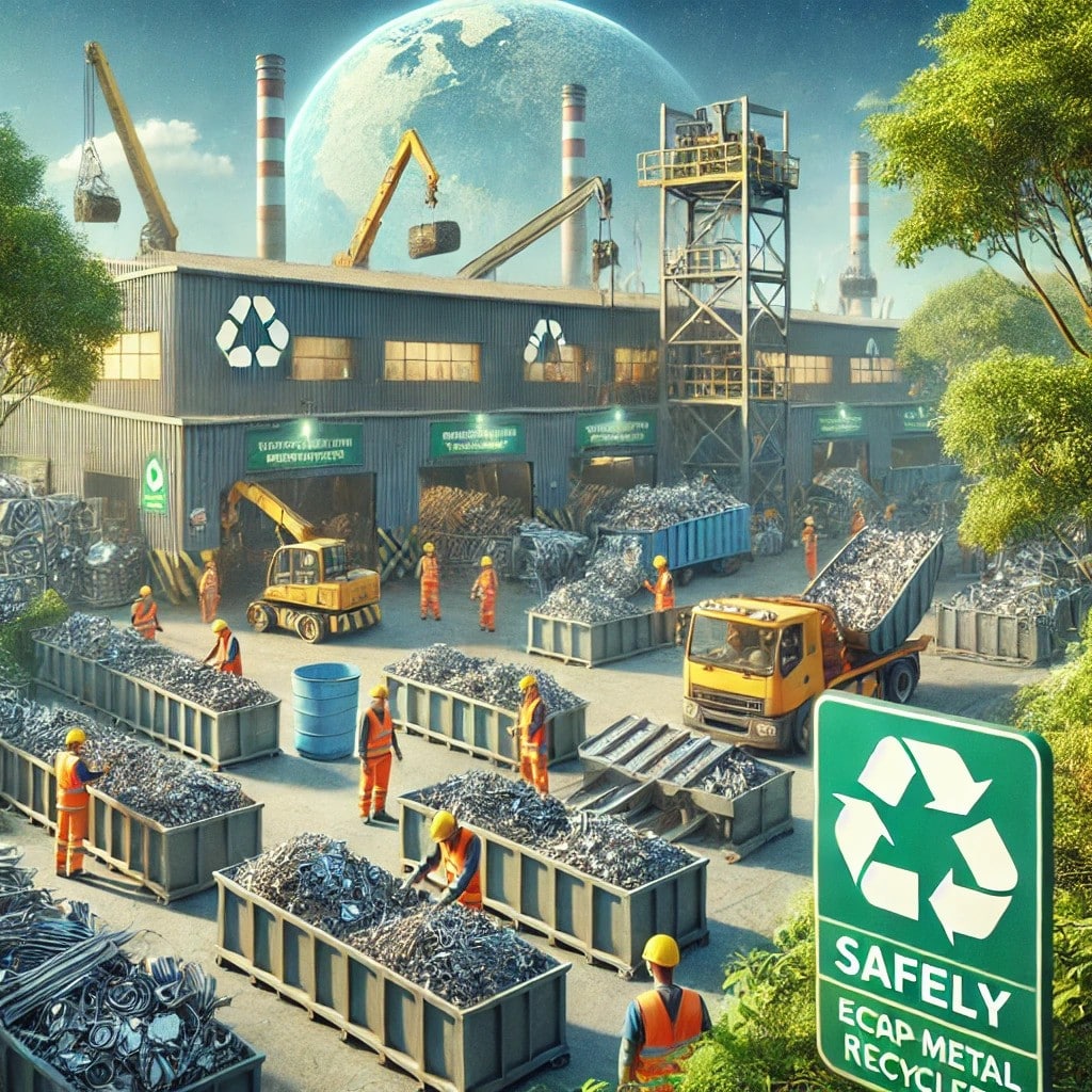 Workers processing scrap metal at an eco-friendly recycling facility with machinery and greenery.