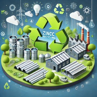 Illustration of zinc recycling with a circular economy symbol, zinc items, and a sustainable environment.