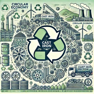 Cast iron recycling with engine parts, brake rotors, and radiators in a circular economy for sustainable reuse.