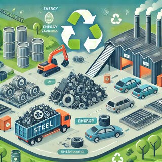 Steel recycling process with scrap metal, cars, and appliances, highlighting energy savings and reduced carbon emissions in a sustainable cycle.