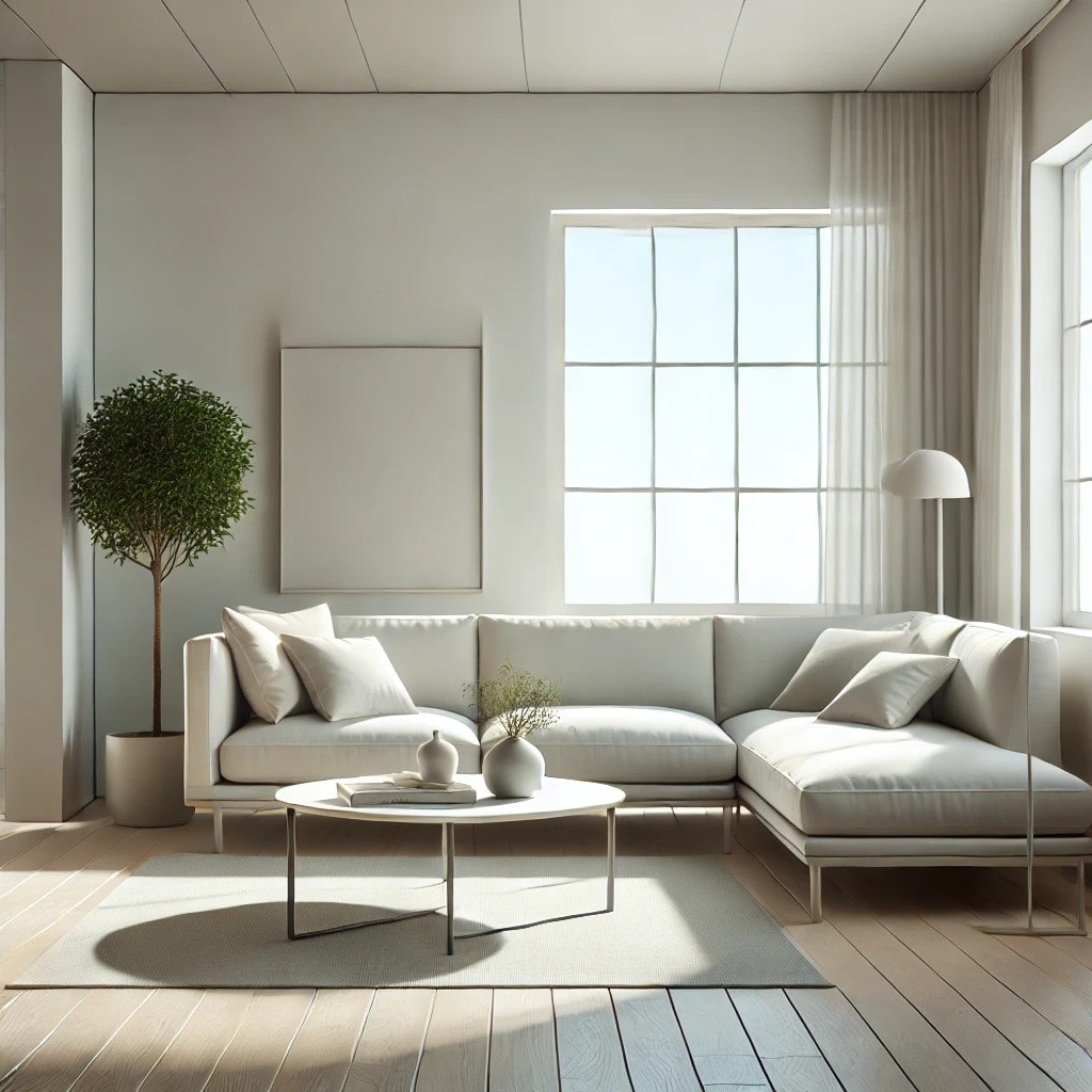 A clean, minimalist living room with a light gray sofa, round white coffee table, potted tree, and large windows.