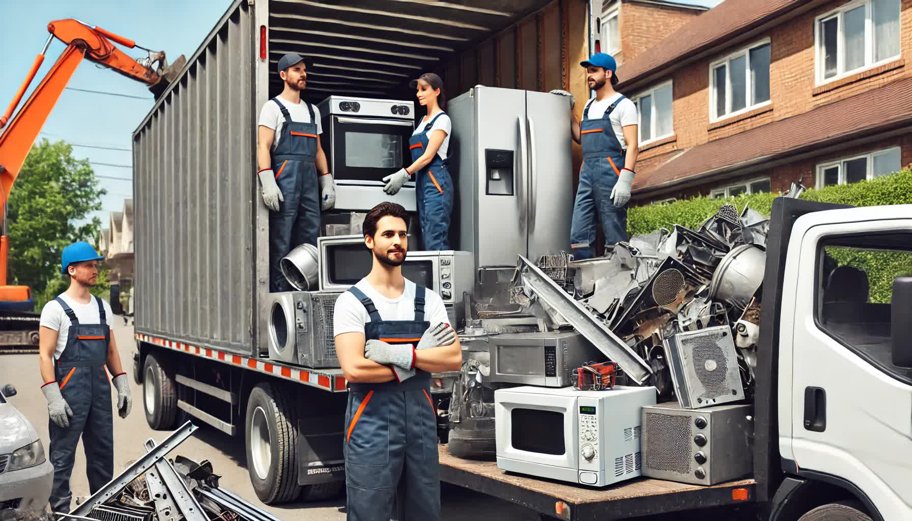 A team of professional scrap metal removal experts in Hamilton loading various appliances and scrap metals onto a truck in a residential neighborhood.